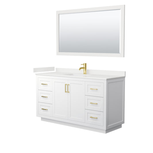 Wyndham Collection Miranda 60" Single Bathroom Vanity in White, White Quartz Countertop, Undermount Square Sink (1-Hole), Brushed Gold Trim, 58" Mirror