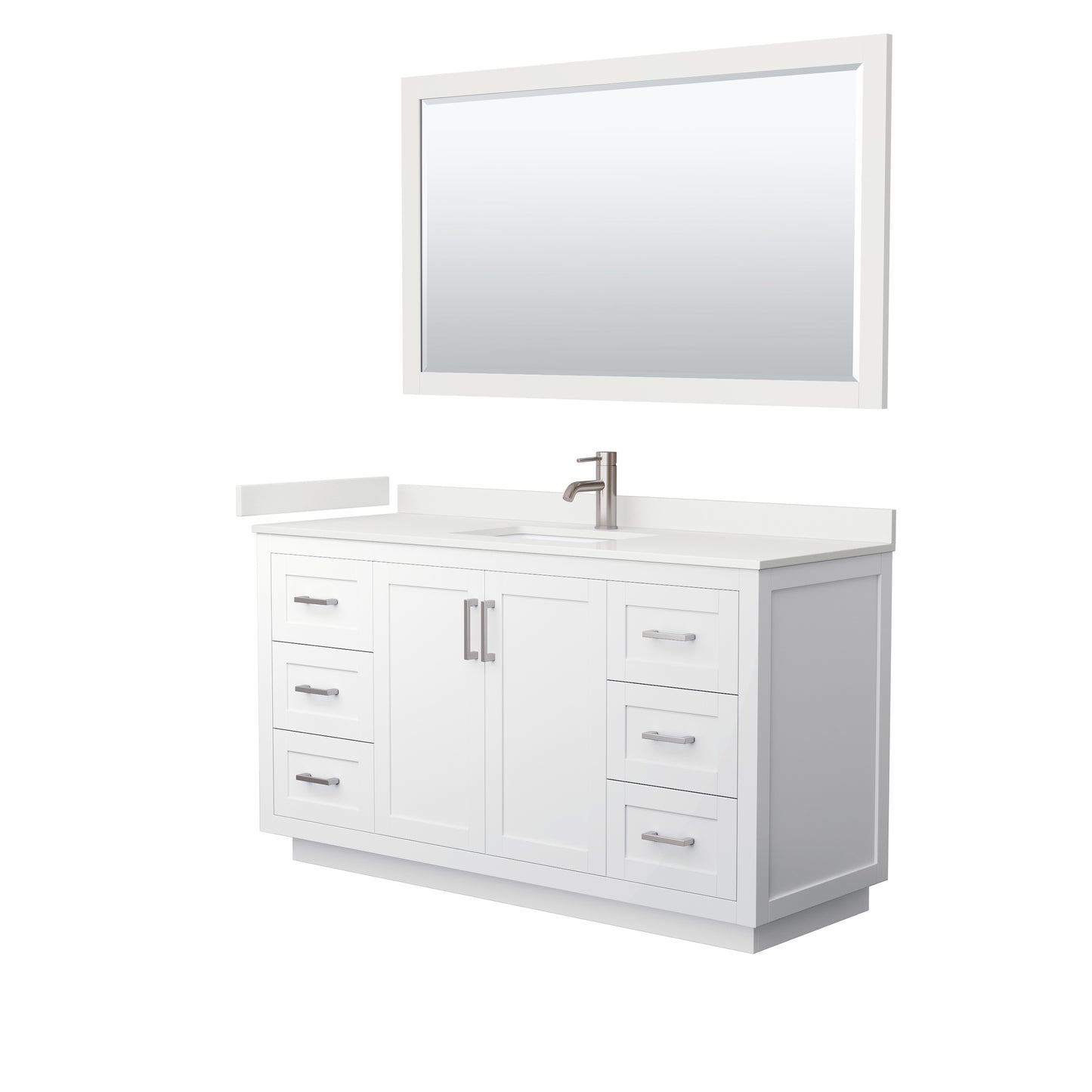 Wyndham Collection Miranda 60" Single Bathroom Vanity in White, White Quartz Countertop, Undermount Square Sink (1-Hole), Brushed Nickel Trim, 58" Mirror
