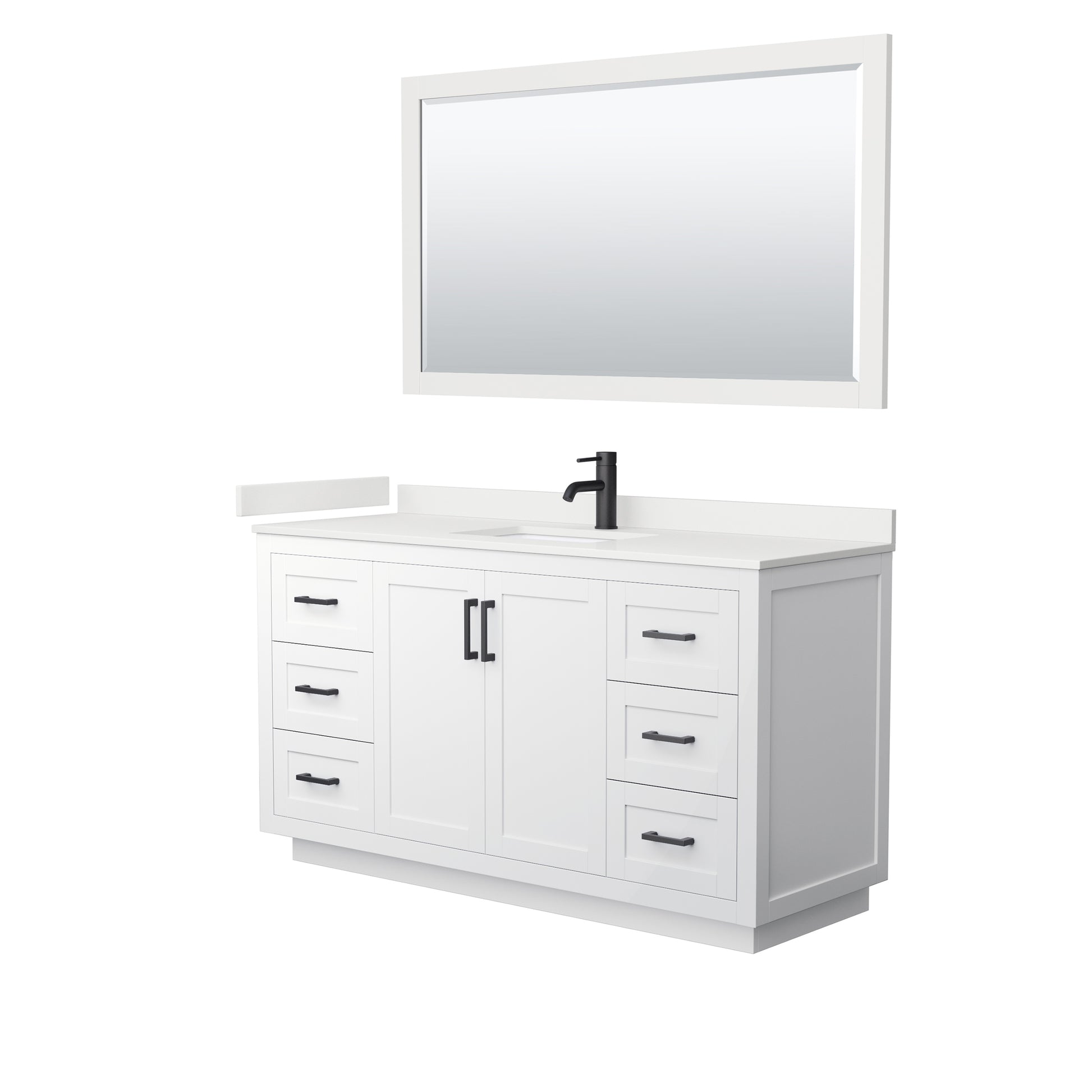 Wyndham Collection Miranda 60" Single Bathroom Vanity in White, White Quartz Countertop, Undermount Square Sink (1-Hole), Matte Black Trim, 58" Mirror