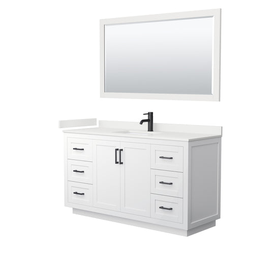 Wyndham Collection Miranda 60" Single Bathroom Vanity in White, White Quartz Countertop, Undermount Square Sink (1-Hole), Matte Black Trim, 58" Mirror