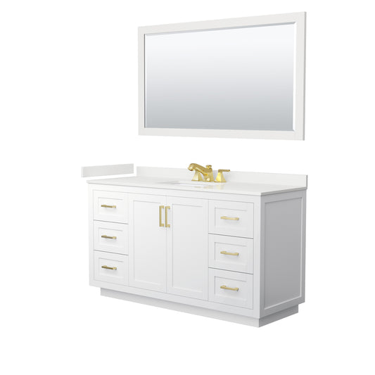 Wyndham Collection Miranda 60" Single Bathroom Vanity in White, White Quartz Countertop, Undermount Square Sink (3-Hole), Brushed Gold Trim, 58" Mirror