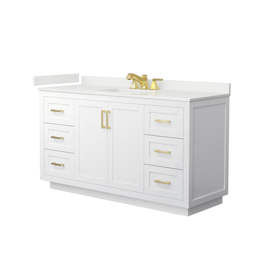 Wyndham Collection Miranda 60" Single Bathroom Vanity in White, White Quartz Countertop, Undermount Square Sink (3-Hole), Brushed Gold Trim