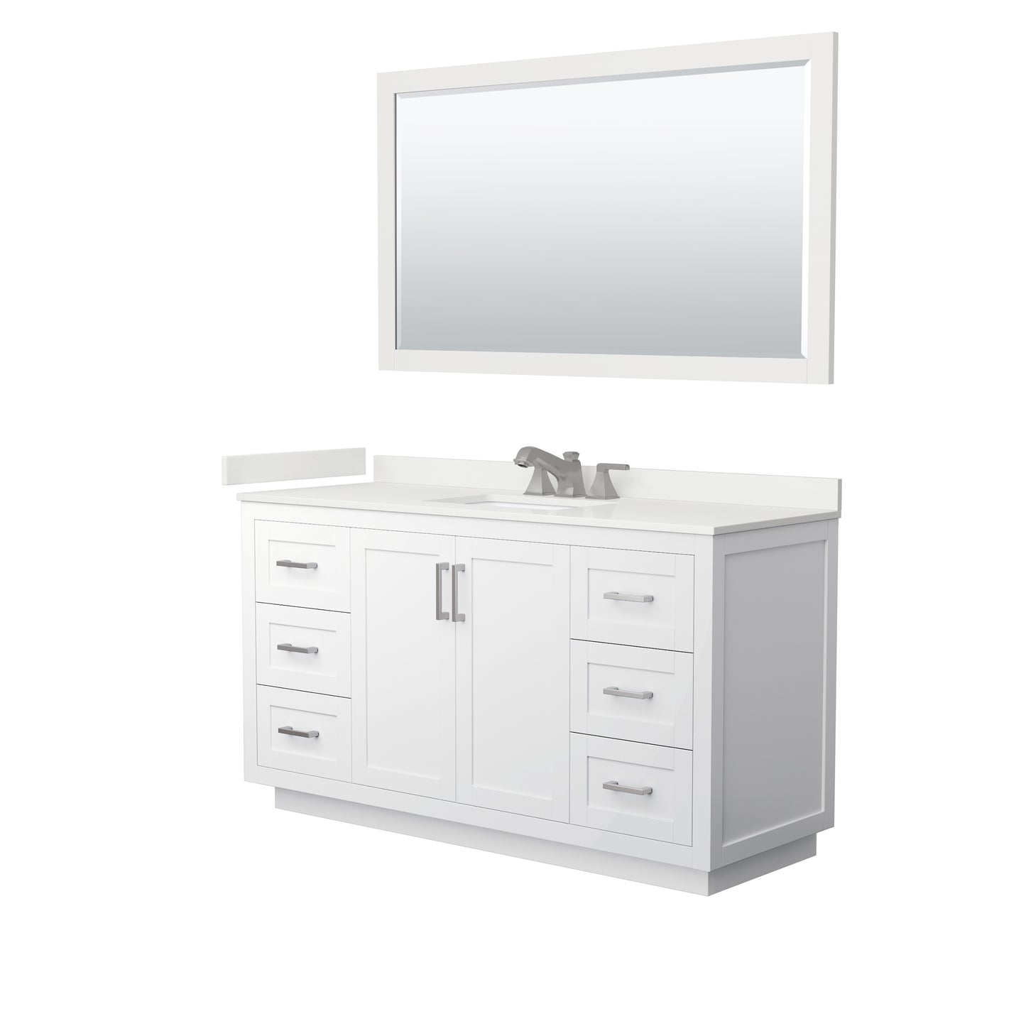 Wyndham Collection Miranda 60" Single Bathroom Vanity in White, White Quartz Countertop, Undermount Square Sink (3-Hole), Brushed Nickel Trim, 58" Mirror