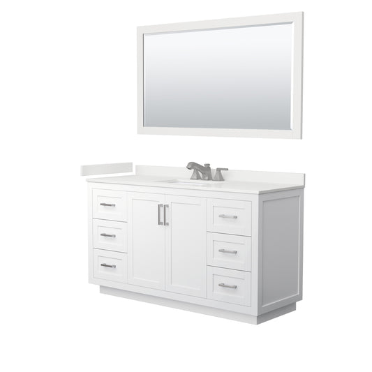 Wyndham Collection Miranda 60" Single Bathroom Vanity in White, White Quartz Countertop, Undermount Square Sink (3-Hole), Brushed Nickel Trim, 58" Mirror