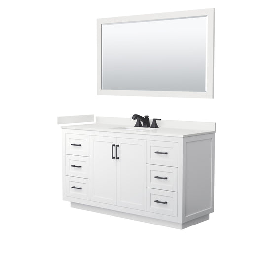 Wyndham Collection Miranda 60" Single Bathroom Vanity in White, White Quartz Countertop, Undermount Square Sink (3-Hole), Matte Black Trim, 58" Mirror