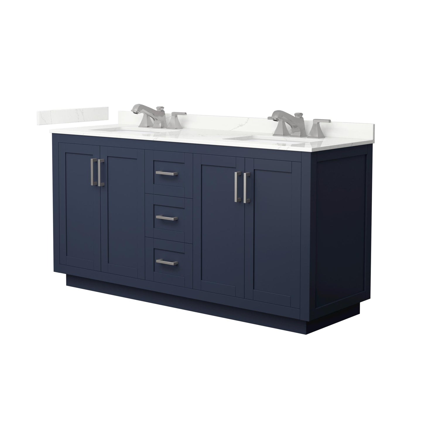 Wyndham Collection Miranda 66" Double Bathroom Vanity in Dark Blue, Giotto Quartz Countertop, Undermount Square Sinks (3-Hole), Brushed Nickel Trim