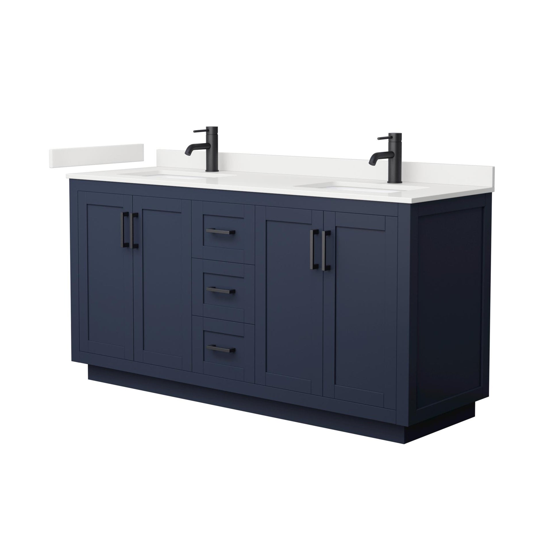 Wyndham Collection Miranda 66" Double Bathroom Vanity in Dark Blue, White Quartz Countertop, Undermount Square Sinks (1-Hole), Matte Black Trim