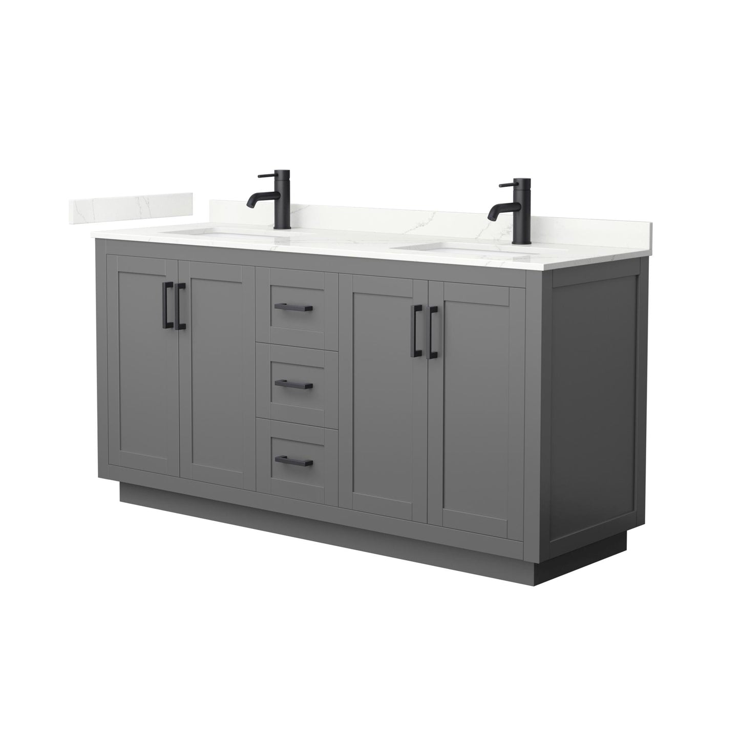 Wyndham Collection Miranda 66" Double Bathroom Vanity in Dark Gray, Giotto Quartz Countertop, Undermount Square Sinks (1-Hole), Matte Black Trim