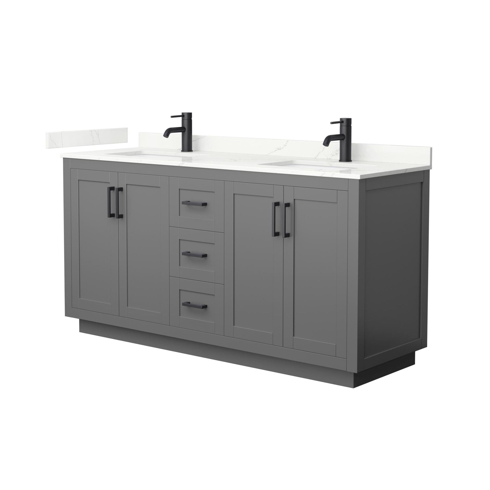 Wyndham Collection Miranda 66" Double Bathroom Vanity in Dark Gray, Giotto Quartz Countertop, Undermount Square Sinks (1-Hole), Matte Black Trim