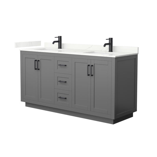 Wyndham Collection Miranda 66" Double Bathroom Vanity in Dark Gray, Giotto Quartz Countertop, Undermount Square Sinks (1-Hole), Matte Black Trim