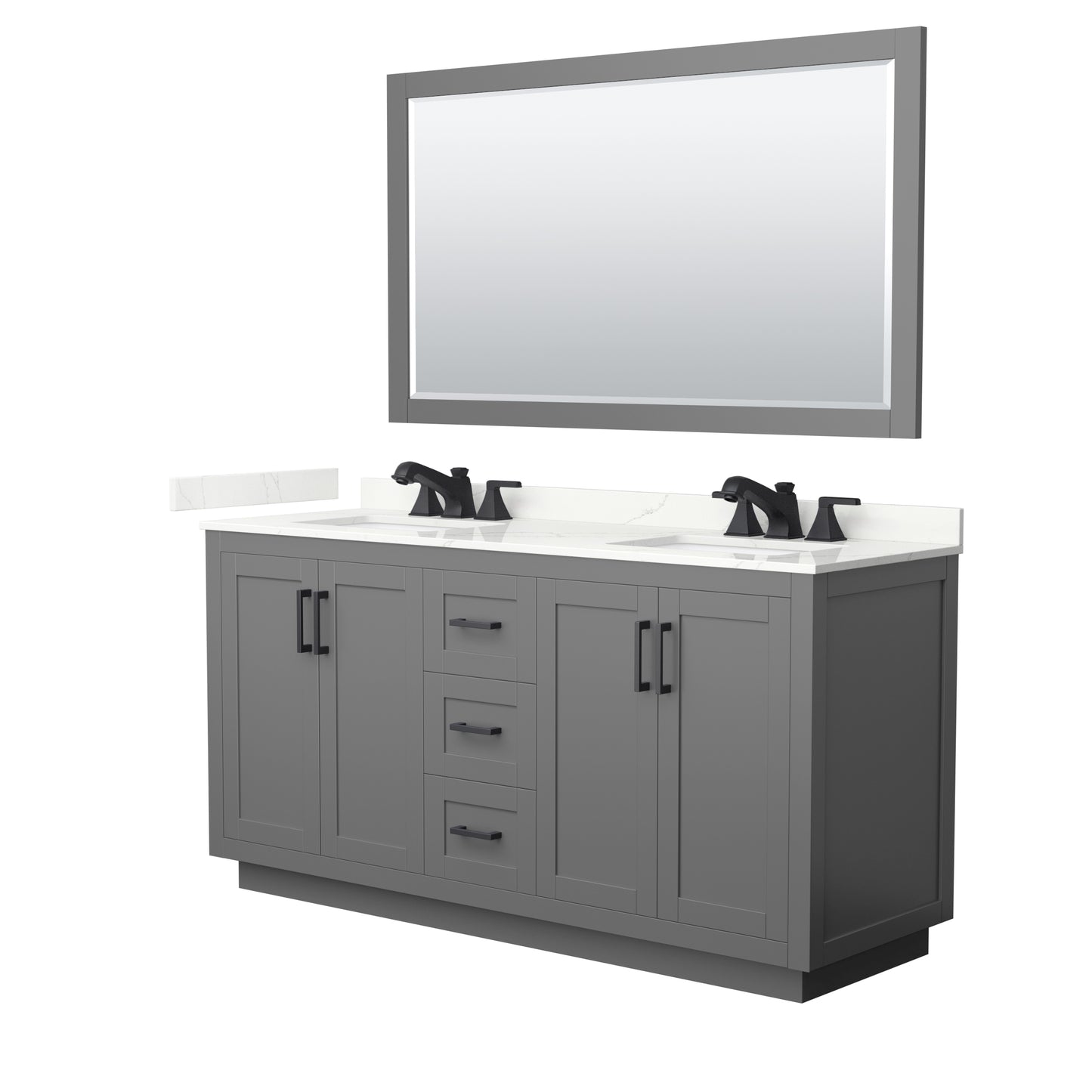 Wyndham Collection Miranda 66" Double Bathroom Vanity in Dark Gray, Giotto Quartz Countertop, Undermount Square Sinks (3-Hole), Matte Black Trim, 58" Mirror