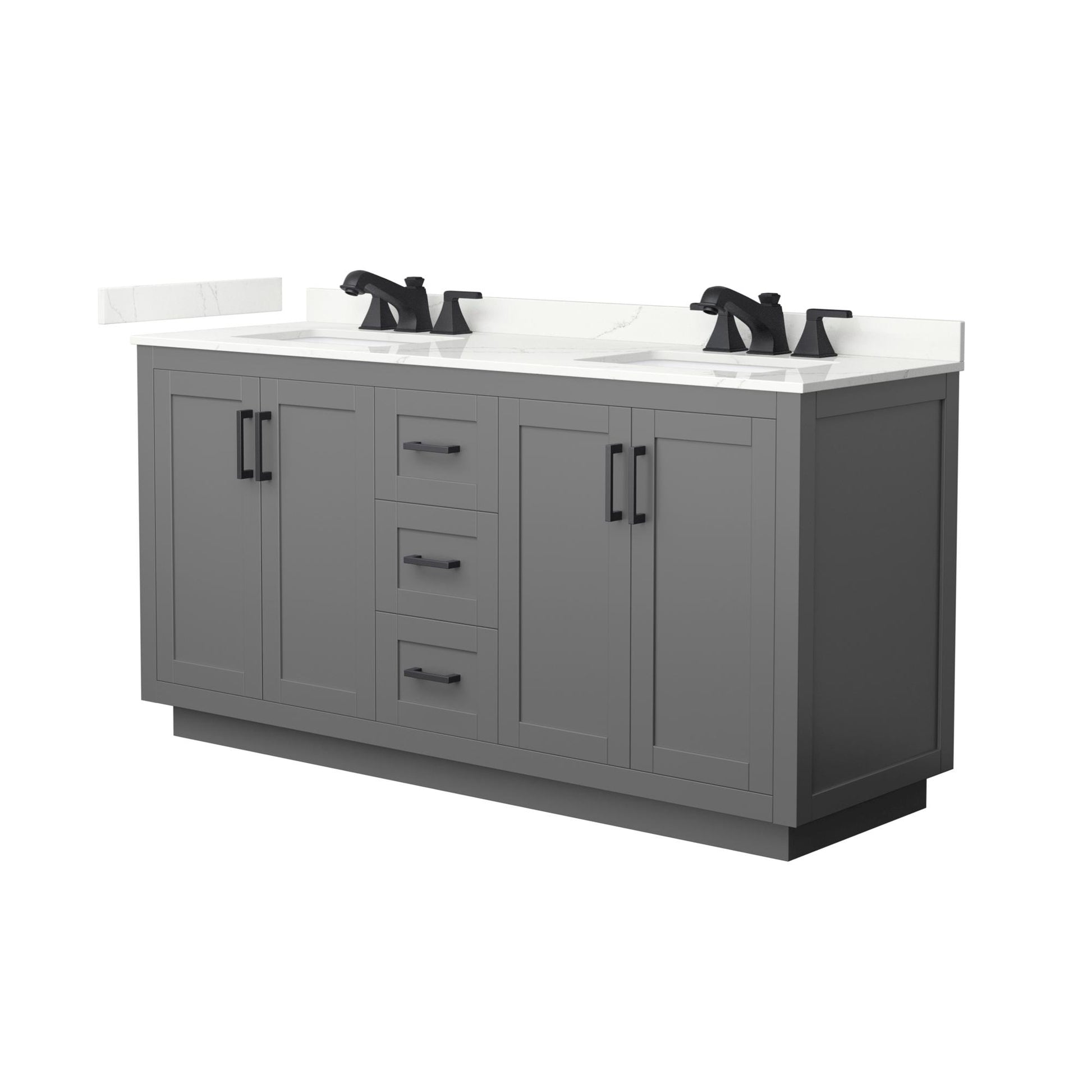 Wyndham Collection Miranda 66" Double Bathroom Vanity in Dark Gray, Giotto Quartz Countertop, Undermount Square Sinks (3-Hole), Matte Black Trim
