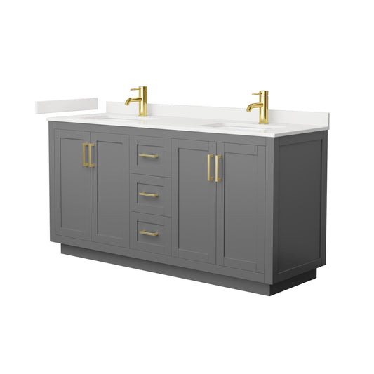 Wyndham Collection Miranda 66" Double Bathroom Vanity in Dark Gray, White Quartz Countertop, Undermount Square Sinks (1-Hole), Brushed Gold Trim