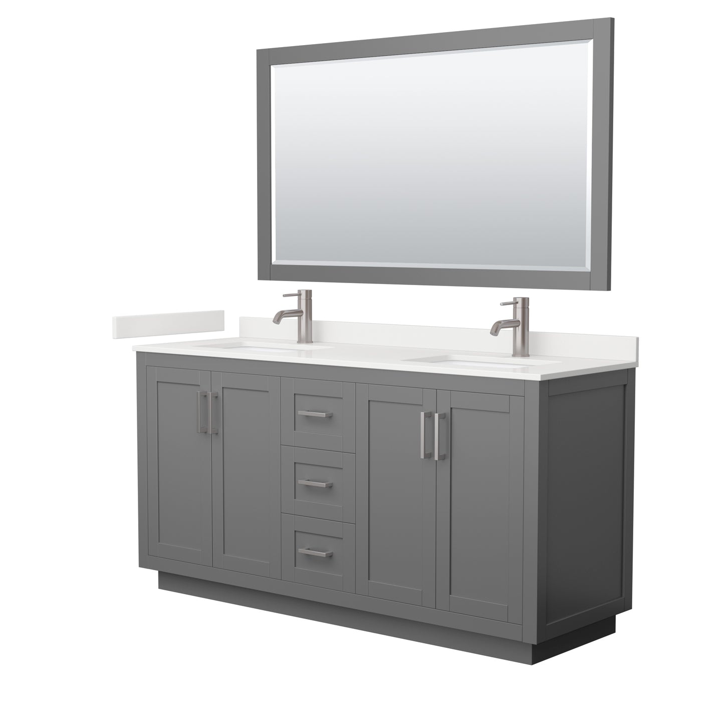 Wyndham Collection Miranda 66" Double Bathroom Vanity in Dark Gray, White Quartz Countertop, Undermount Square Sinks (1-Hole), Brushed Nickel Trim, 58" Mirror