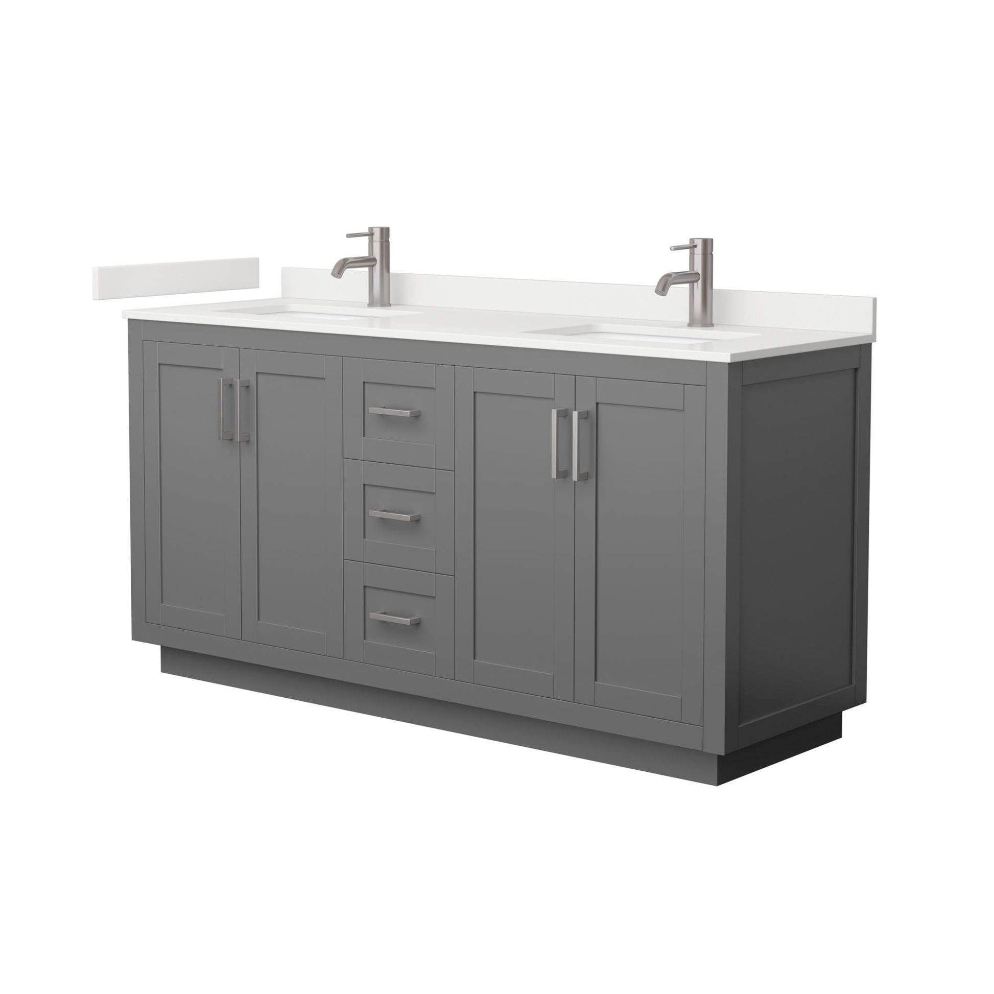 Wyndham Collection Miranda 66" Double Bathroom Vanity in Dark Gray, White Quartz Countertop, Undermount Square Sinks (1-Hole), Brushed Nickel Trim