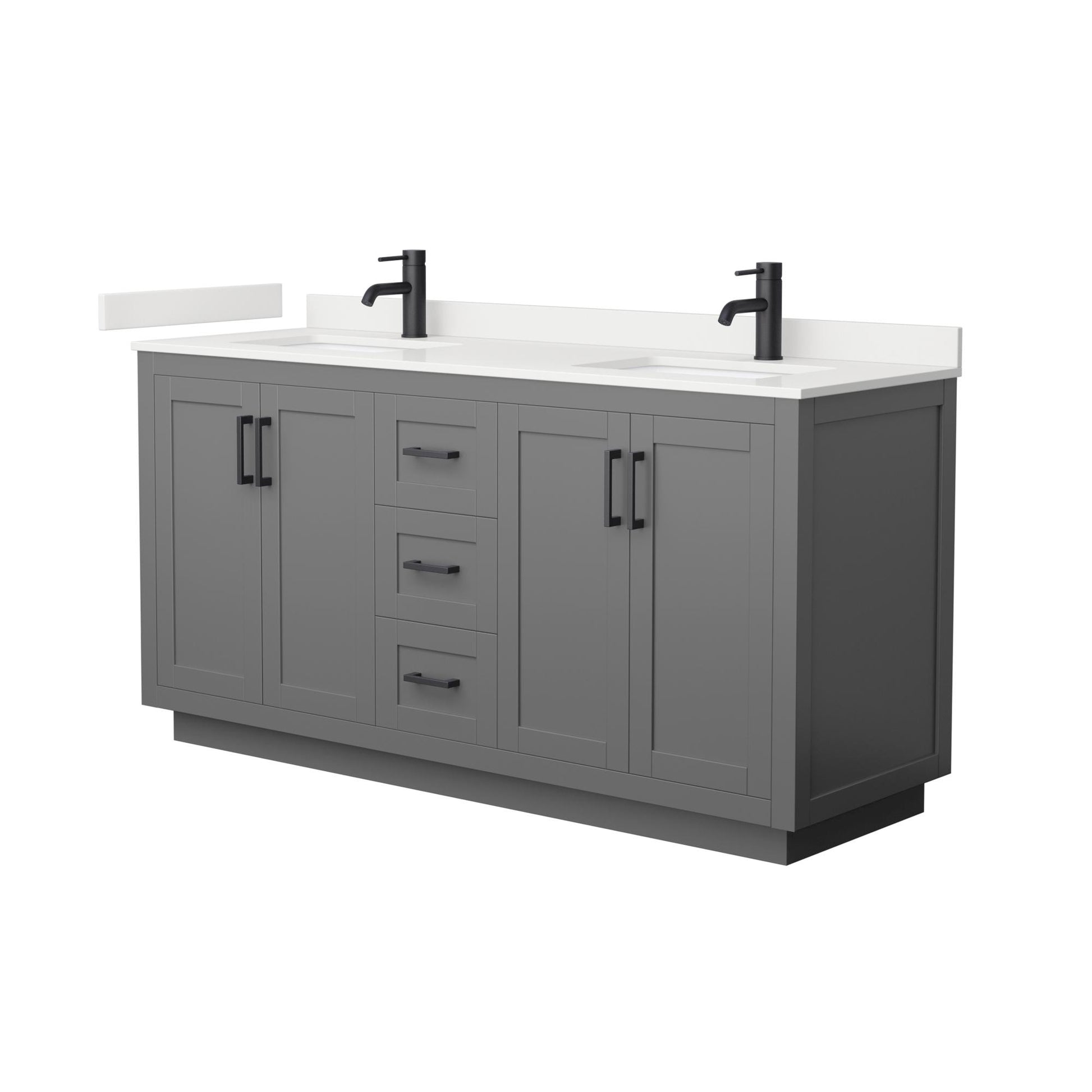 Wyndham Collection Miranda 66" Double Bathroom Vanity in Dark Gray, White Quartz Countertop, Undermount Square Sinks (1-Hole), Matte Black Trim