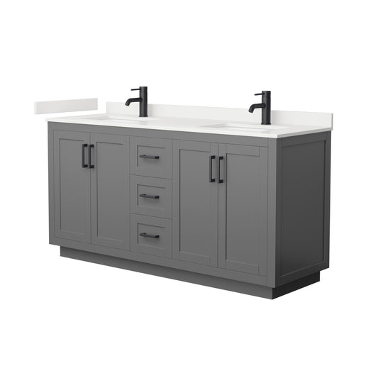 Wyndham Collection Miranda 66" Double Bathroom Vanity in Dark Gray, White Quartz Countertop, Undermount Square Sinks (1-Hole), Matte Black Trim