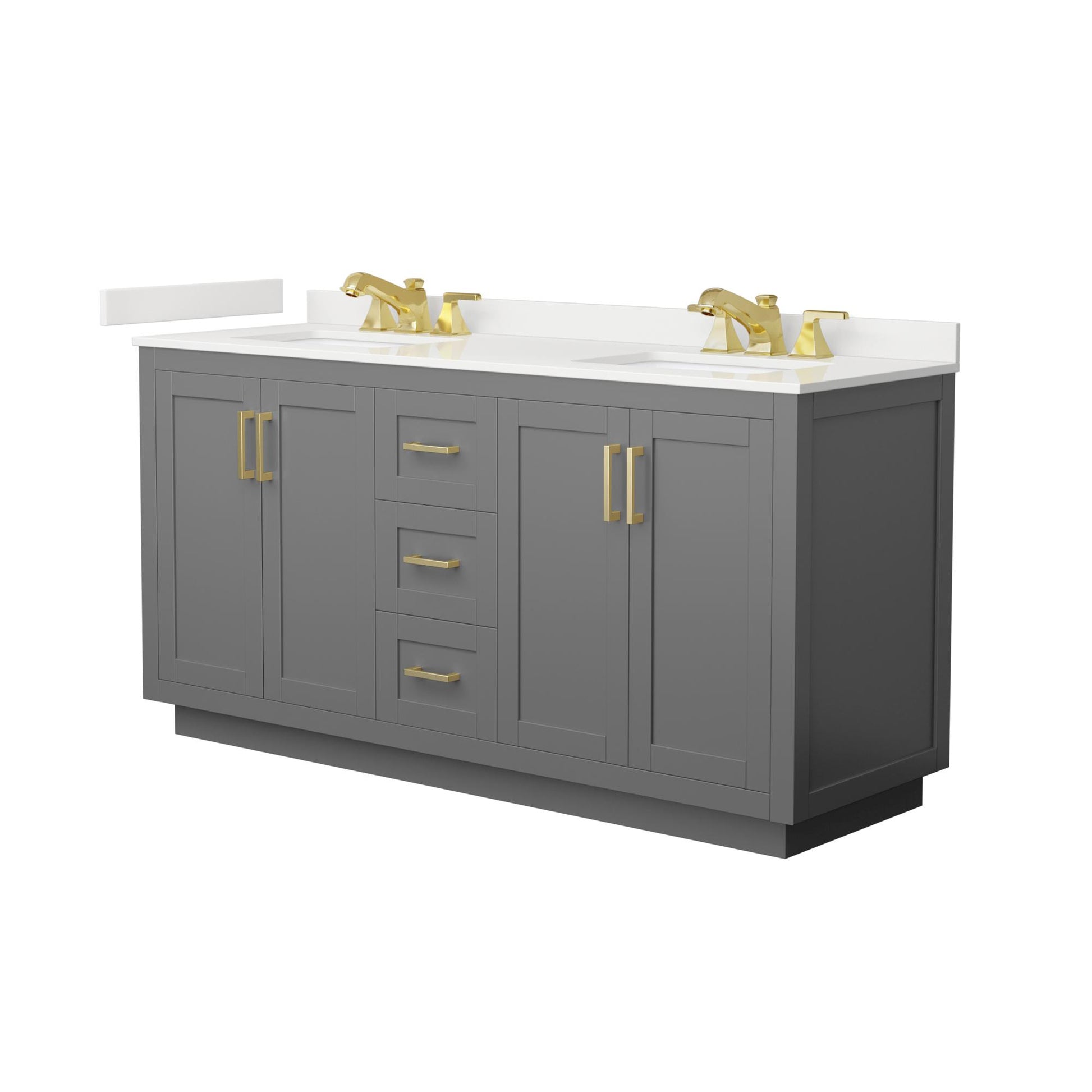 Wyndham Collection Miranda 66" Double Bathroom Vanity in Dark Gray, White Quartz Countertop, Undermount Square Sinks (3-Hole), Brushed Gold Trim