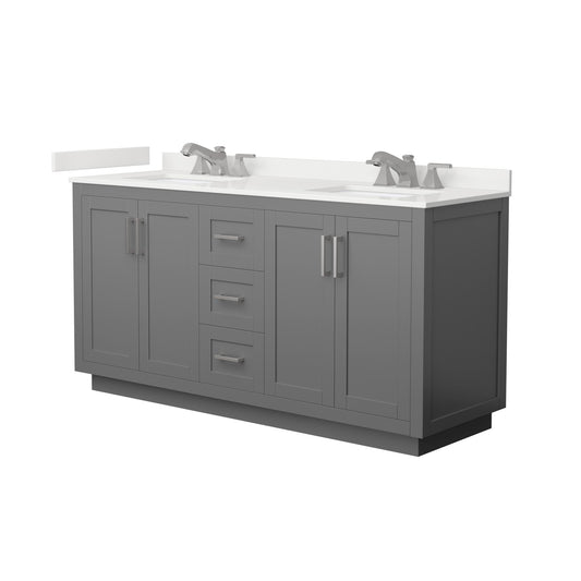 Wyndham Collection Miranda 66" Double Bathroom Vanity in Dark Gray, White Quartz Countertop, Undermount Square Sinks (3-Hole), Brushed Nickel Trim