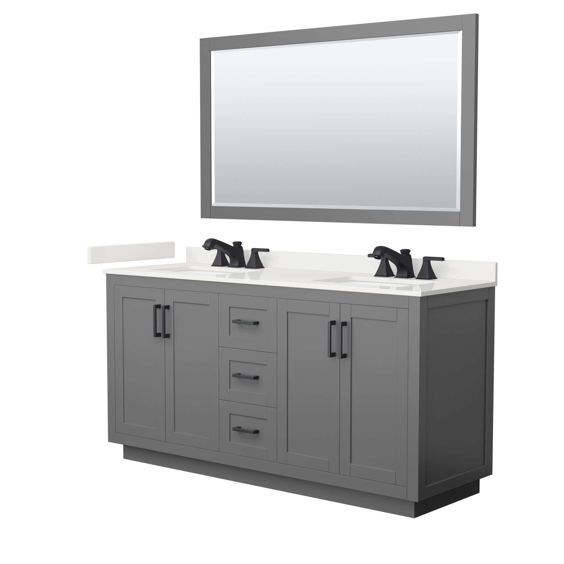 Wyndham Collection Miranda 66" Double Bathroom Vanity in Dark Gray, White Quartz Countertop, Undermount Square Sinks (3-Hole), Matte Black Trim, 58" Mirror
