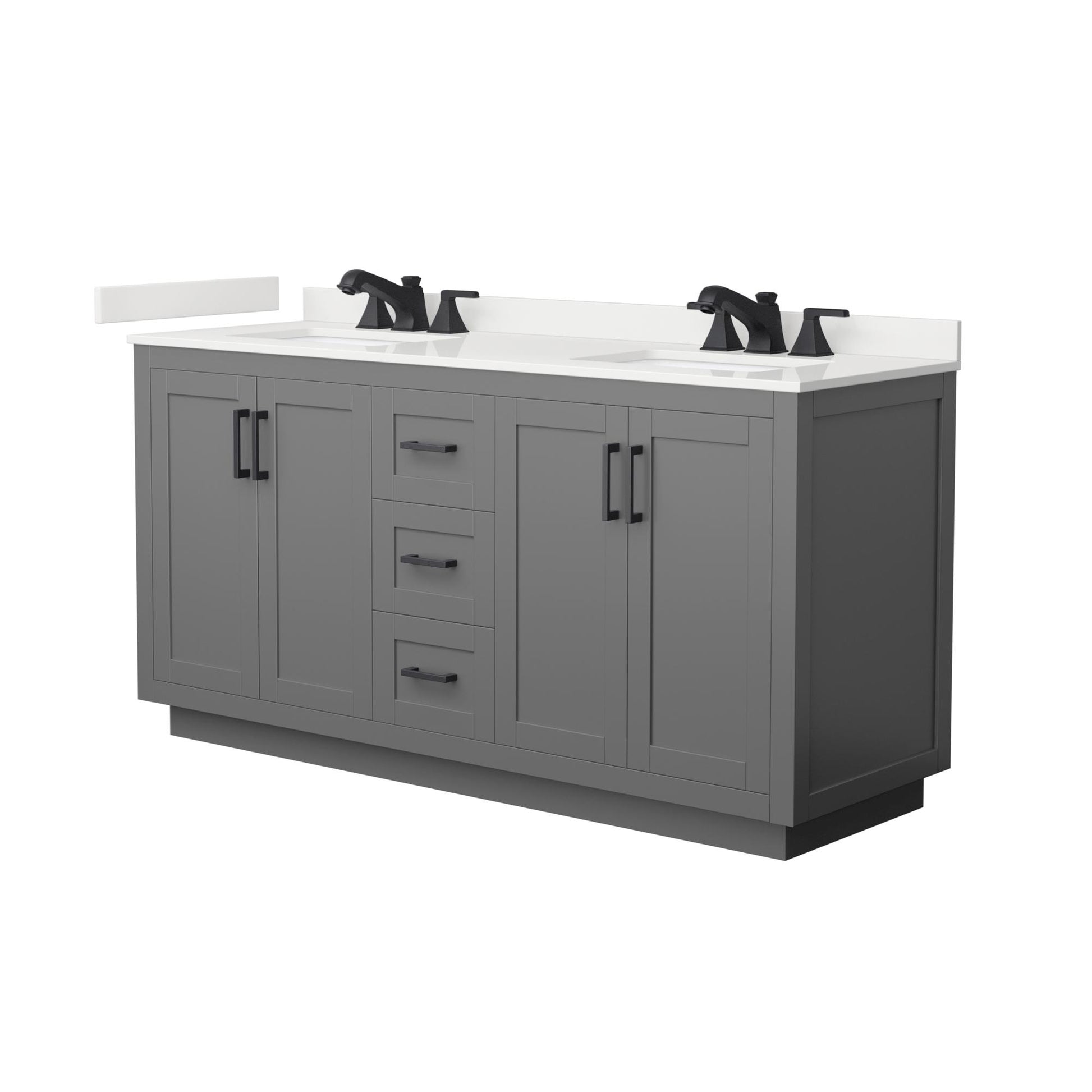 Wyndham Collection Miranda 66" Double Bathroom Vanity in Dark Gray, White Quartz Countertop, Undermount Square Sinks (3-Hole), Matte Black Trim