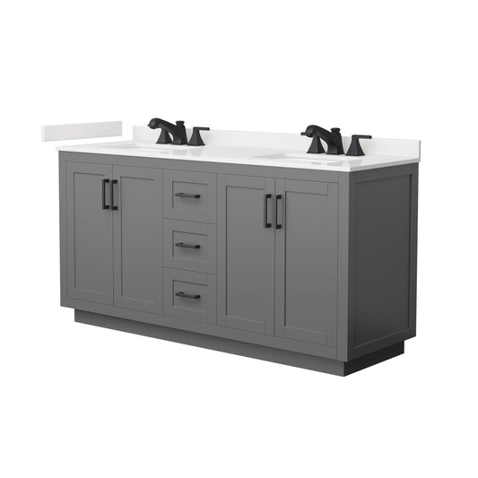 Wyndham Collection Miranda 66" Double Bathroom Vanity in Dark Gray, White Quartz Countertop, Undermount Square Sinks (3-Hole), Matte Black Trim