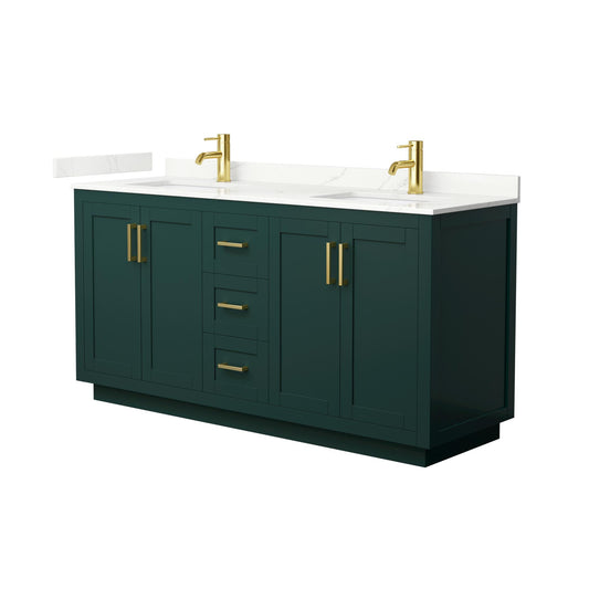 Wyndham Collection Miranda 66" Double Bathroom Vanity in Green, Giotto Quartz Countertop, Undermount Square Sinks (1-Hole), Brushed Gold Trim