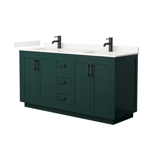Wyndham Collection Miranda 66" Double Bathroom Vanity in Green, Giotto Quartz Countertop, Undermount Square Sinks (1-Hole), Matte Black Trim