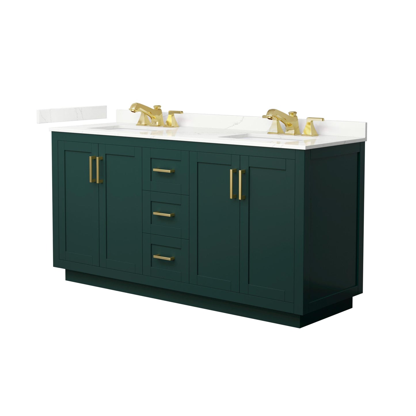 Wyndham Collection Miranda 66" Double Bathroom Vanity in Green, Giotto Quartz Countertop, Undermount Square Sinks (3-Hole), Brushed Gold Trim