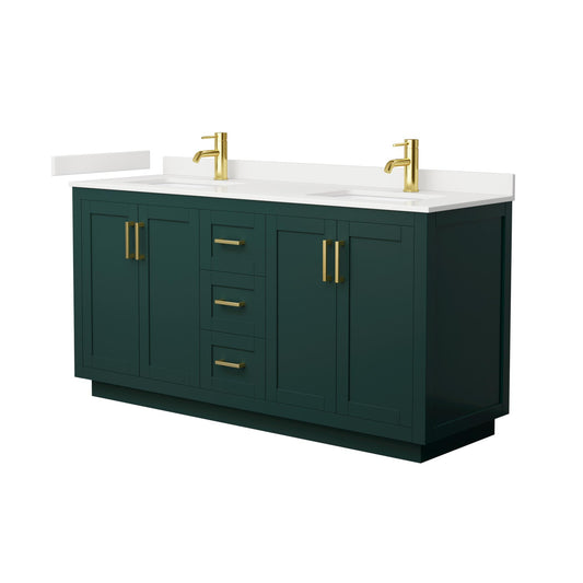 Wyndham Collection Miranda 66" Double Bathroom Vanity in Green, White Quartz Countertop, Undermount Square Sinks (1-Hole), Brushed Gold Trim