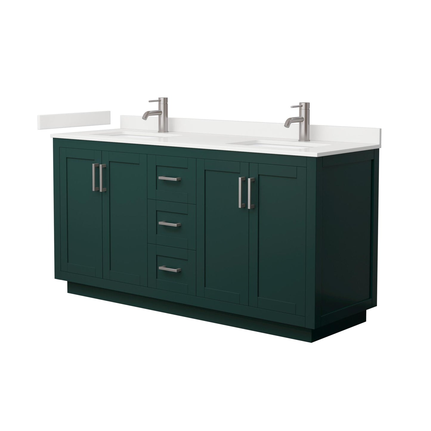 Wyndham Collection Miranda 66" Double Bathroom Vanity in Green, White Quartz Countertop, Undermount Square Sinks (1-Hole), Brushed Nickel Trim