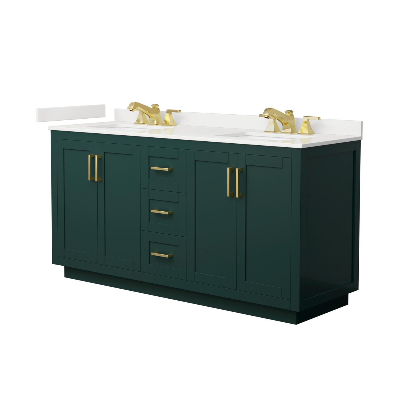 Wyndham Collection Miranda 66" Double Bathroom Vanity in Green, White Quartz Countertop, Undermount Square Sinks (3-Hole), Brushed Gold Trim