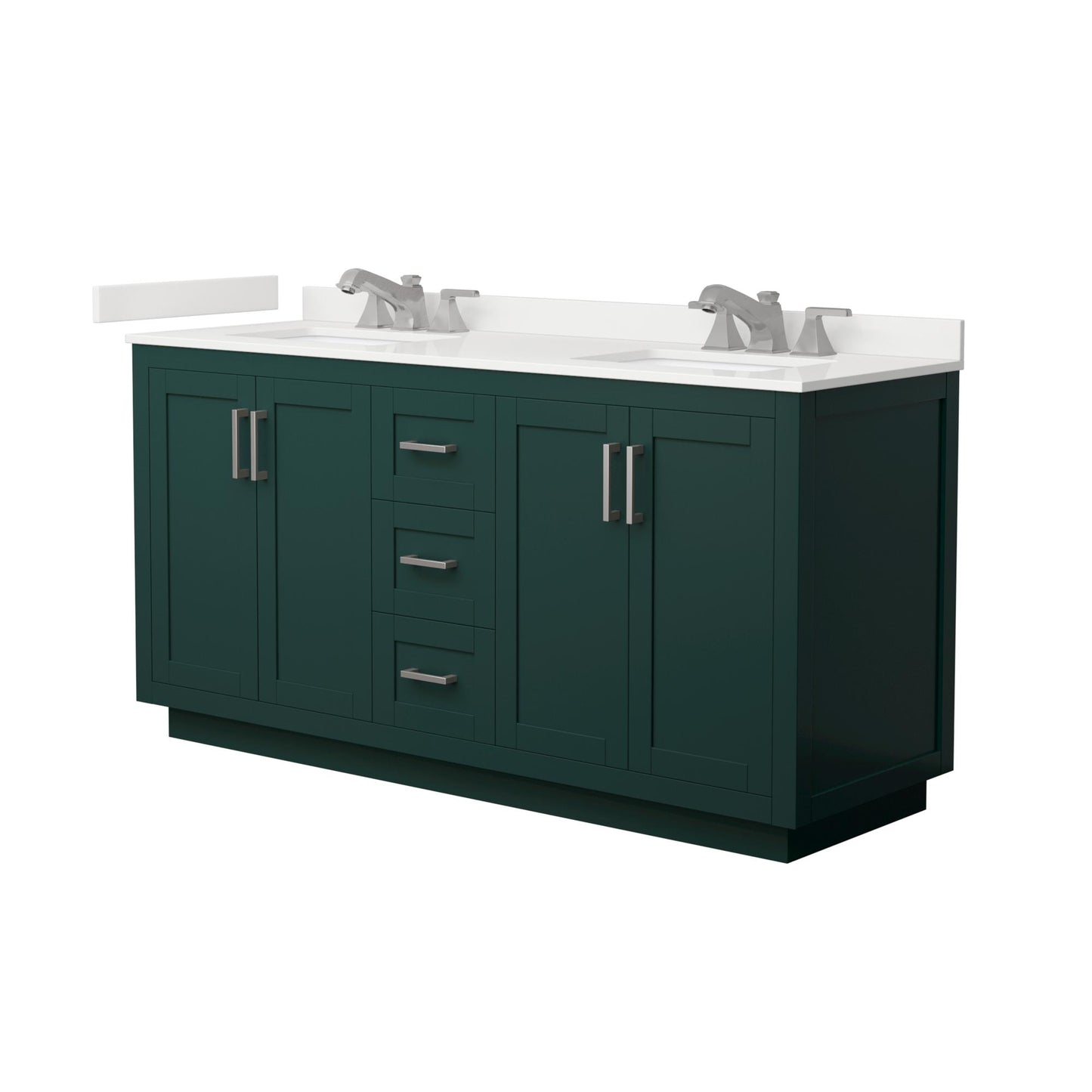 Wyndham Collection Miranda 66" Double Bathroom Vanity in Green, White Quartz Countertop, Undermount Square Sinks (3-Hole), Brushed Nickel Trim