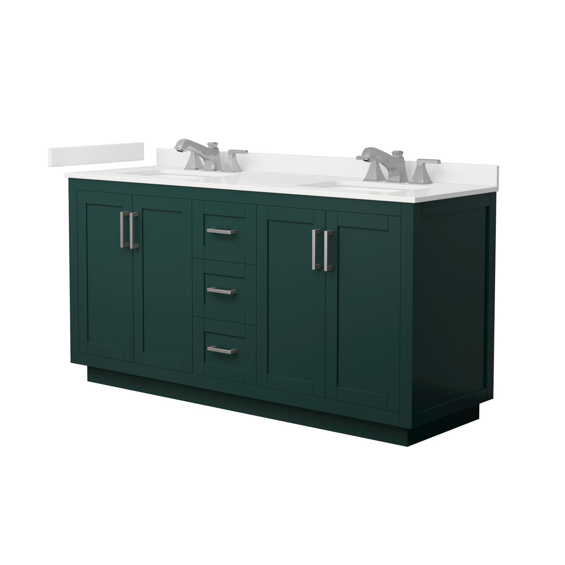 Wyndham Collection Miranda 66" Double Bathroom Vanity in Green, White Quartz Countertop, Undermount Square Sinks (3-Hole), Brushed Nickel Trim