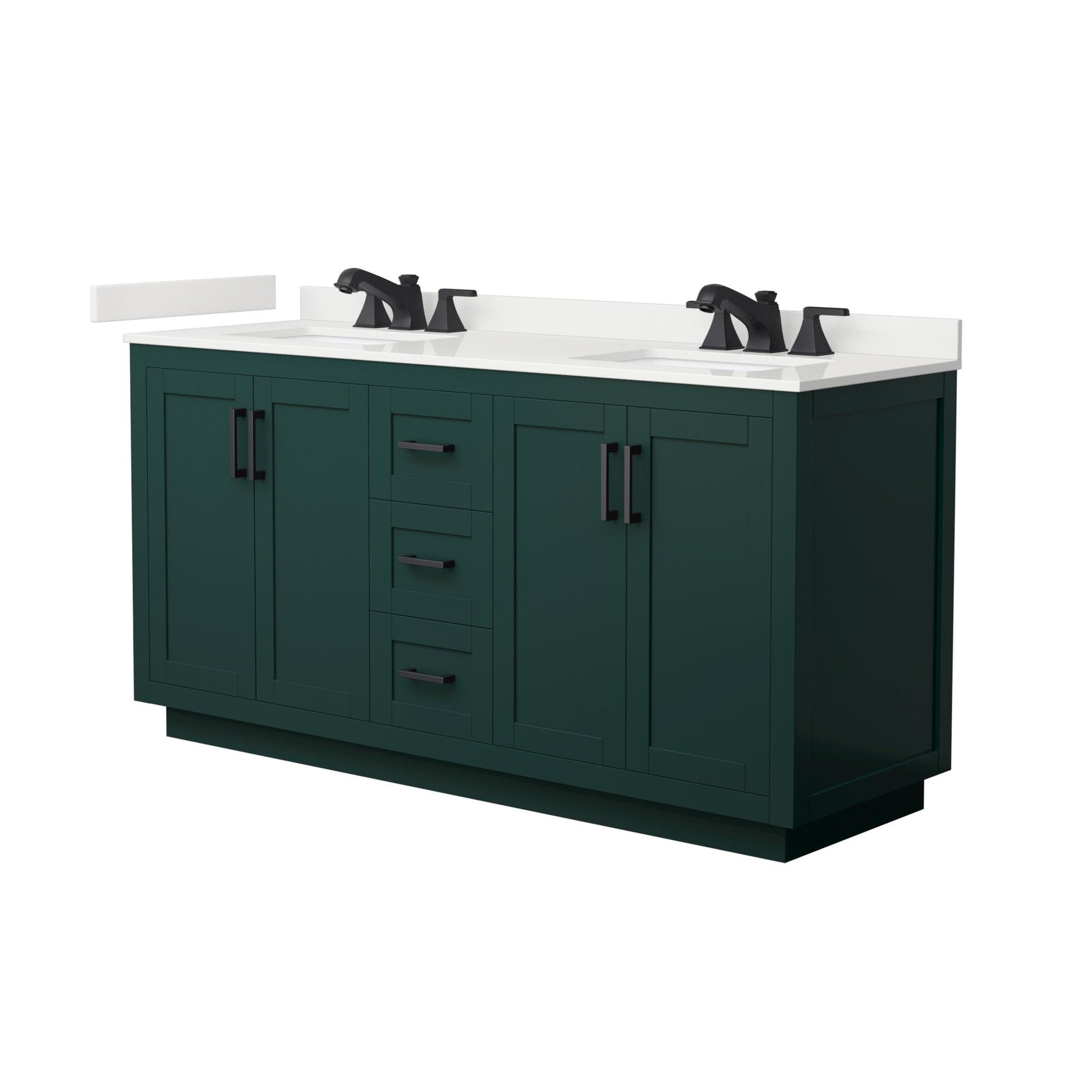 Wyndham Collection Miranda 66" Double Bathroom Vanity in Green, White Quartz Countertop, Undermount Square Sinks (3-Hole), Matte Black Trim