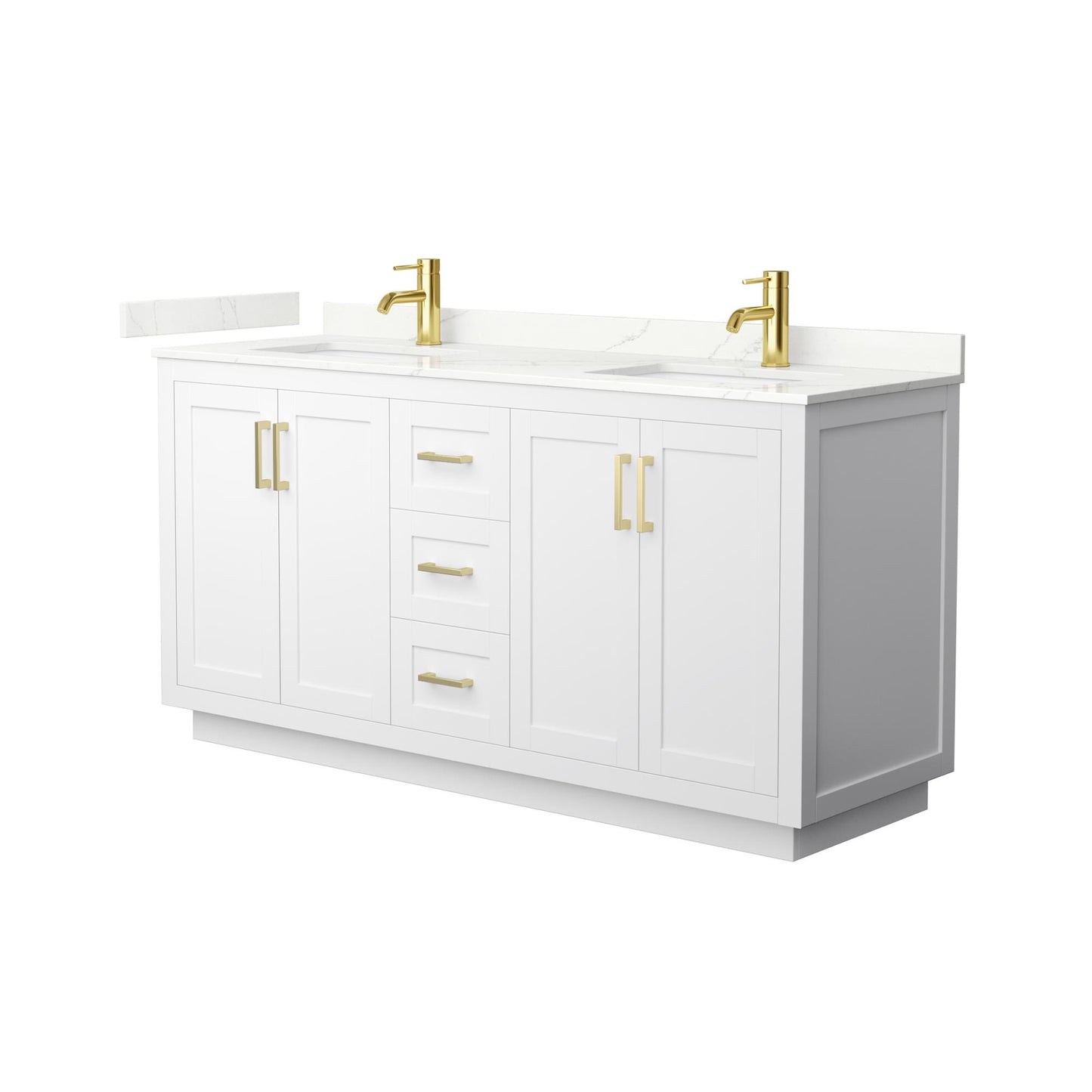Wyndham Collection Miranda 66" Double Bathroom Vanity in White, Giotto Quartz Countertop, Undermount Square Sinks (1-Hole), Brushed Gold Trim