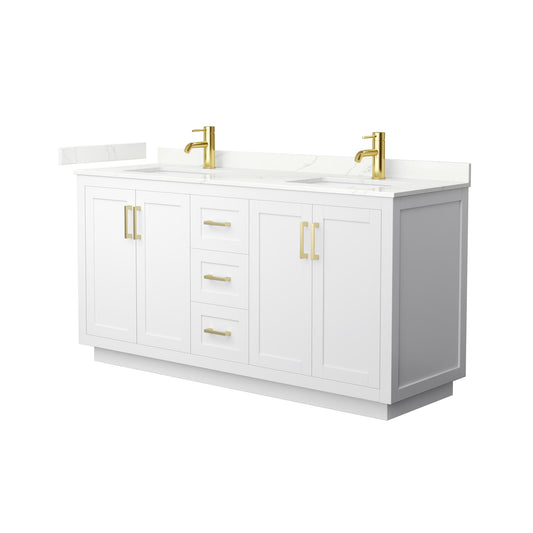 Wyndham Collection Miranda 66" Double Bathroom Vanity in White, Giotto Quartz Countertop, Undermount Square Sinks (1-Hole), Brushed Gold Trim