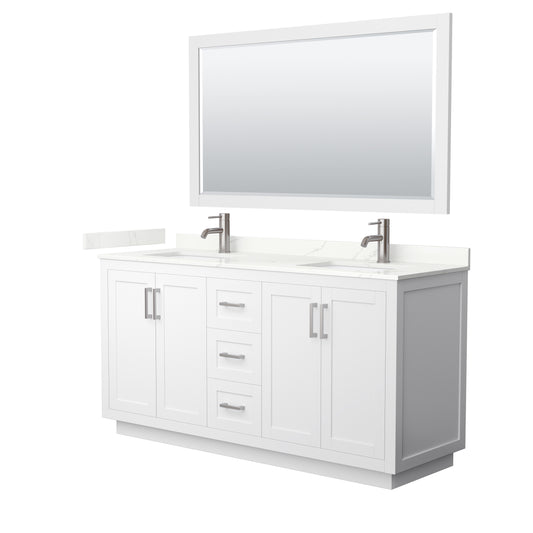 Wyndham Collection Miranda 66" Double Bathroom Vanity in White, Giotto Quartz Countertop, Undermount Square Sinks (1-Hole), Brushed Nickel Trim, 58" Mirror