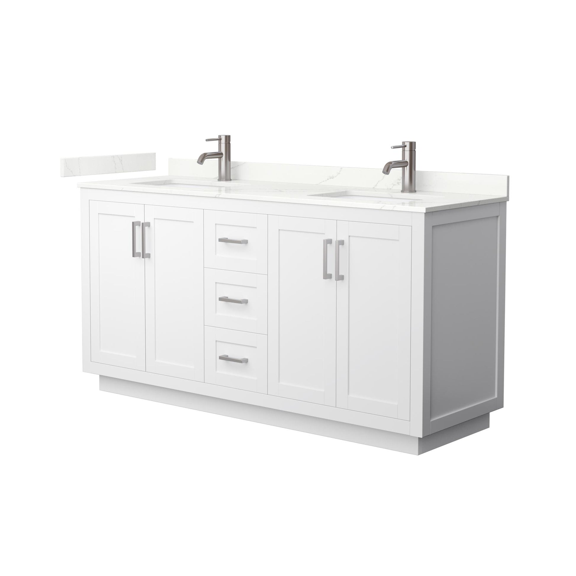 Wyndham Collection Miranda 66" Double Bathroom Vanity in White, Giotto Quartz Countertop, Undermount Square Sinks (1-Hole), Brushed Nickel Trim