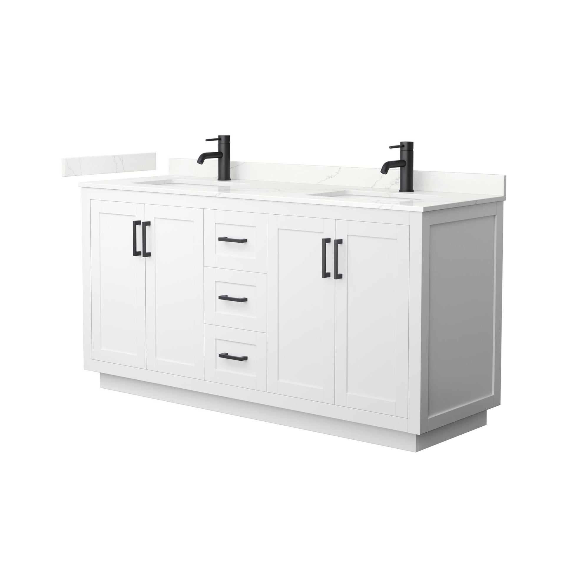 Wyndham Collection Miranda 66" Double Bathroom Vanity in White, Giotto Quartz Countertop, Undermount Square Sinks (1-Hole), Matte Black Trim