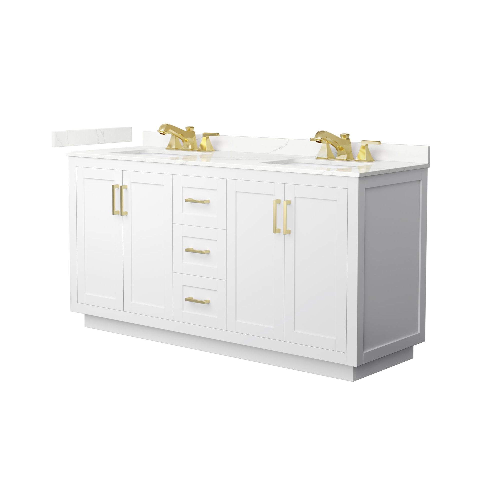 Wyndham Collection Miranda 66" Double Bathroom Vanity in White, Giotto Quartz Countertop, Undermount Square Sinks (3-Hole), Brushed Gold Trim