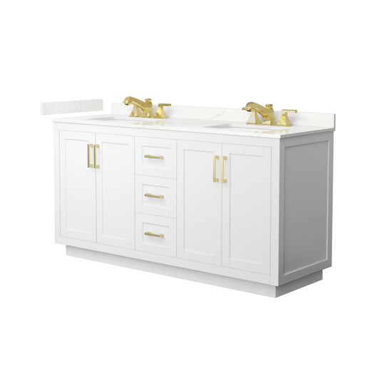 Wyndham Collection Miranda 66" Double Bathroom Vanity in White, Giotto Quartz Countertop, Undermount Square Sinks (3-Hole), Brushed Gold Trim