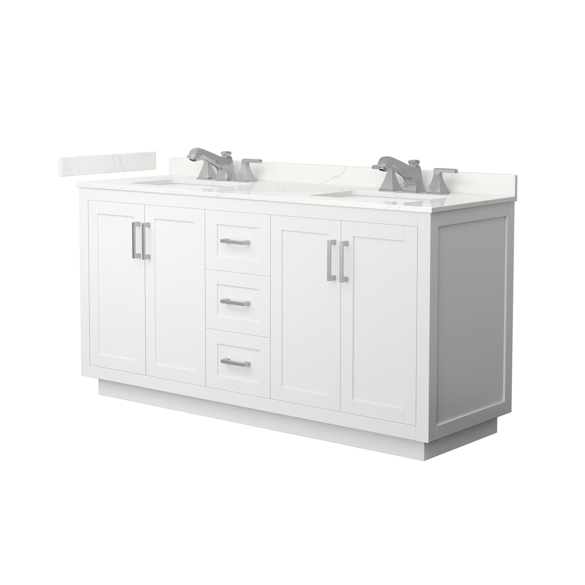 Wyndham Collection Miranda 66" Double Bathroom Vanity in White, Giotto Quartz Countertop, Undermount Square Sinks (3-Hole), Brushed Nickel Trim