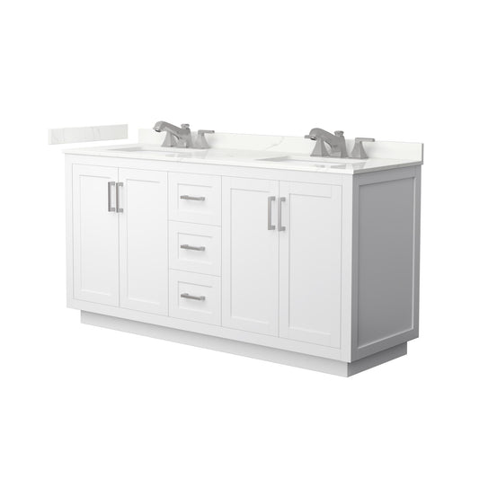 Wyndham Collection Miranda 66" Double Bathroom Vanity in White, Giotto Quartz Countertop, Undermount Square Sinks (3-Hole), Brushed Nickel Trim