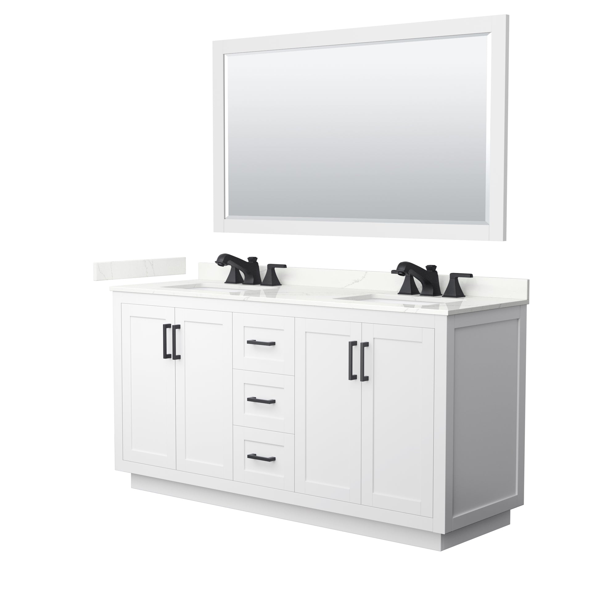 Wyndham Collection Miranda 66" Double Bathroom Vanity in White, Giotto Quartz Countertop, Undermount Square Sinks (3-Hole), Matte Black Trim, 58" Mirror
