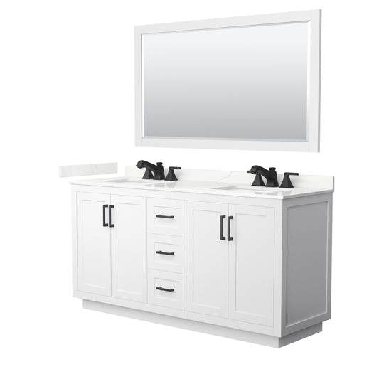 Wyndham Collection Miranda 66" Double Bathroom Vanity in White, Giotto Quartz Countertop, Undermount Square Sinks (3-Hole), Matte Black Trim, 58" Mirror