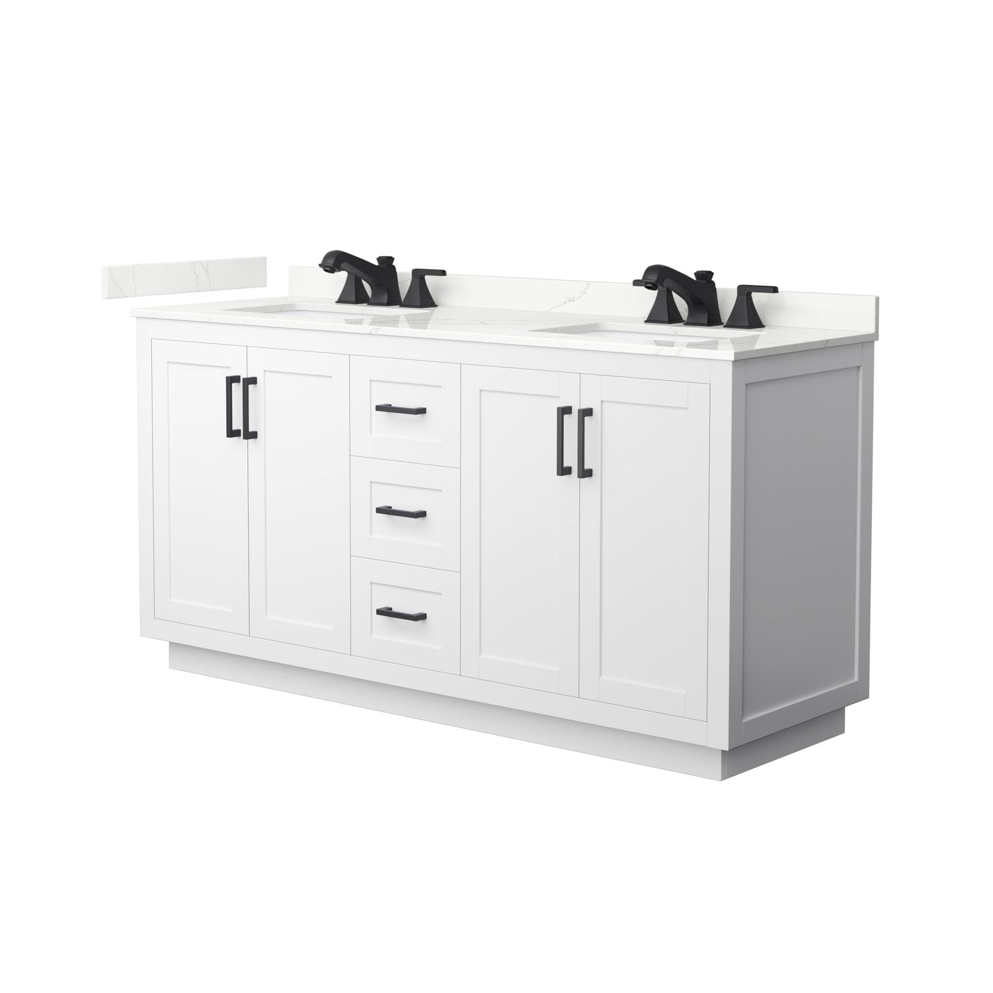 Wyndham Collection Miranda 66" Double Bathroom Vanity in White, Giotto Quartz Countertop, Undermount Square Sinks (3-Hole), Matte Black Trim