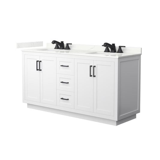 Wyndham Collection Miranda 66" Double Bathroom Vanity in White, Giotto Quartz Countertop, Undermount Square Sinks (3-Hole), Matte Black Trim
