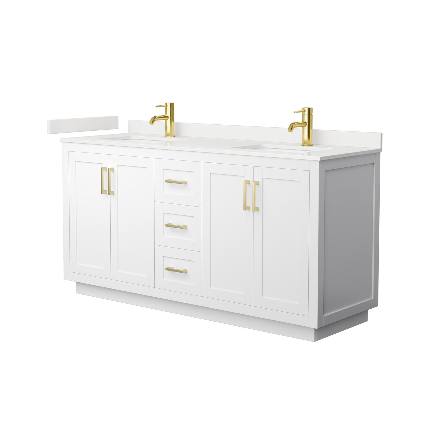 Wyndham Collection Miranda 66" Double Bathroom Vanity in White, White Quartz Countertop, Undermount Square Sinks (1-Hole), Brushed Gold Trim