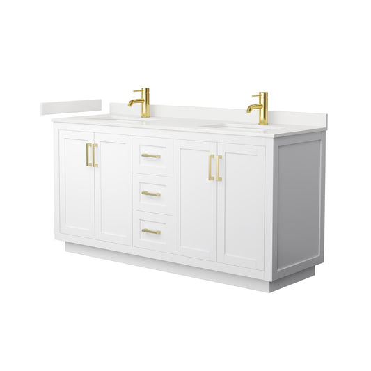Wyndham Collection Miranda 66" Double Bathroom Vanity in White, White Quartz Countertop, Undermount Square Sinks (1-Hole), Brushed Gold Trim